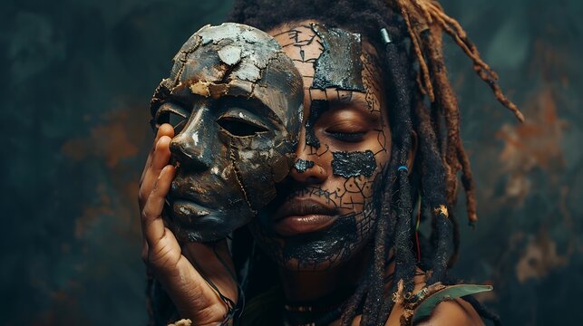 Woman with dreadlocks holds a cracked mask, revealing a face with intricate makeup. - Powered by Adobe