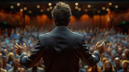Fototapeta premium Speaker addressing a large audience in a well-lit auditorium during a conference