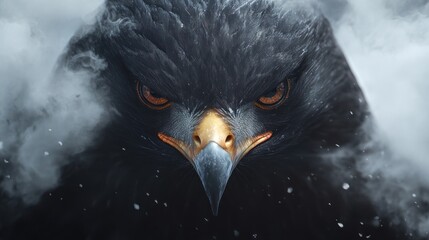 close-up of a black eagle with sharp eyes covered in smoke