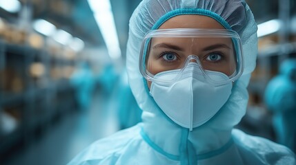 Girl in a medical mask and special suit. Illustration on the theme of science and technology, medicine and human protection.  Generative AI