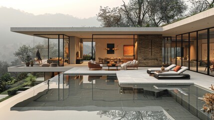 Fototapeta premium Modern villa with panoramic views surrounded by nature at sunset