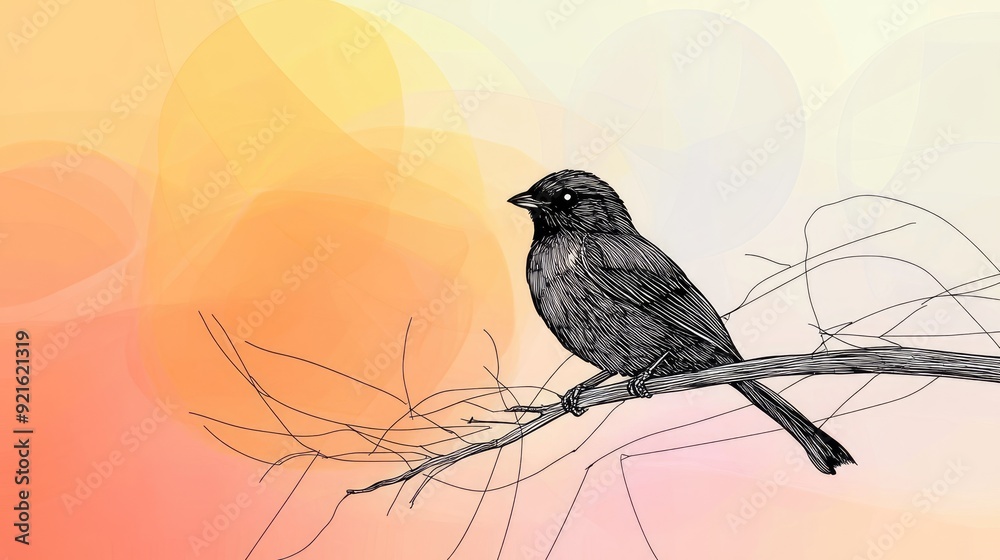 Wall mural minimalist abstract line drawing of a bird perched on a branch, with a soft-focus background for tex