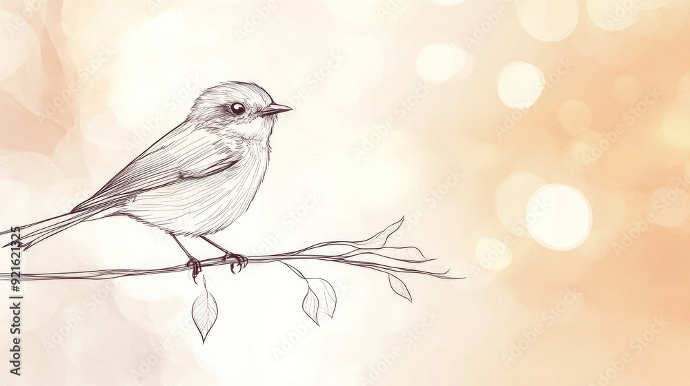 Wall mural minimalist abstract line drawing of a bird perched on a branch, with a soft-focus background for tex