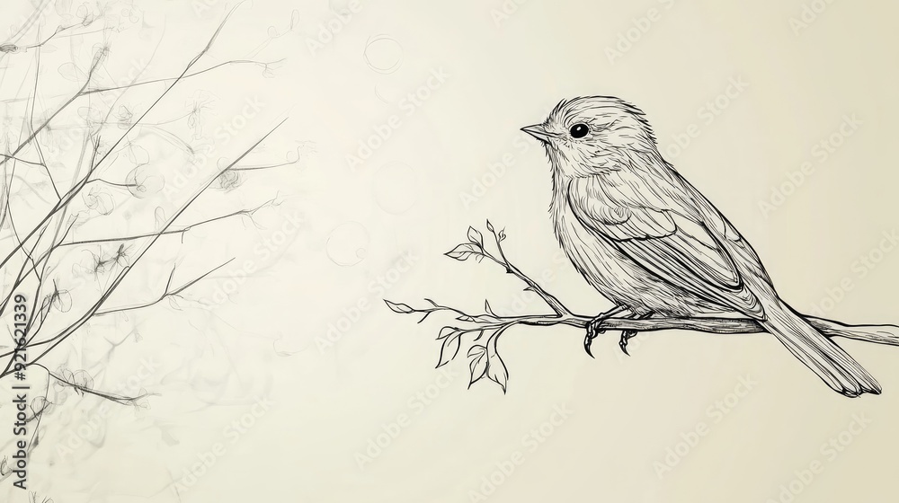 Wall mural minimalist abstract line drawing of a bird perched on a branch, with a soft-focus background for tex