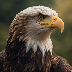 Obraz premium The head of a white-headed eagle with a penetrating gaze on a dark background, closeup