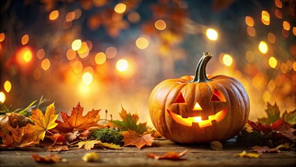 Spooky halloween background with glowing pumpkin surrounded by autumn leaves, Halloween, background, pumpkin, autumn