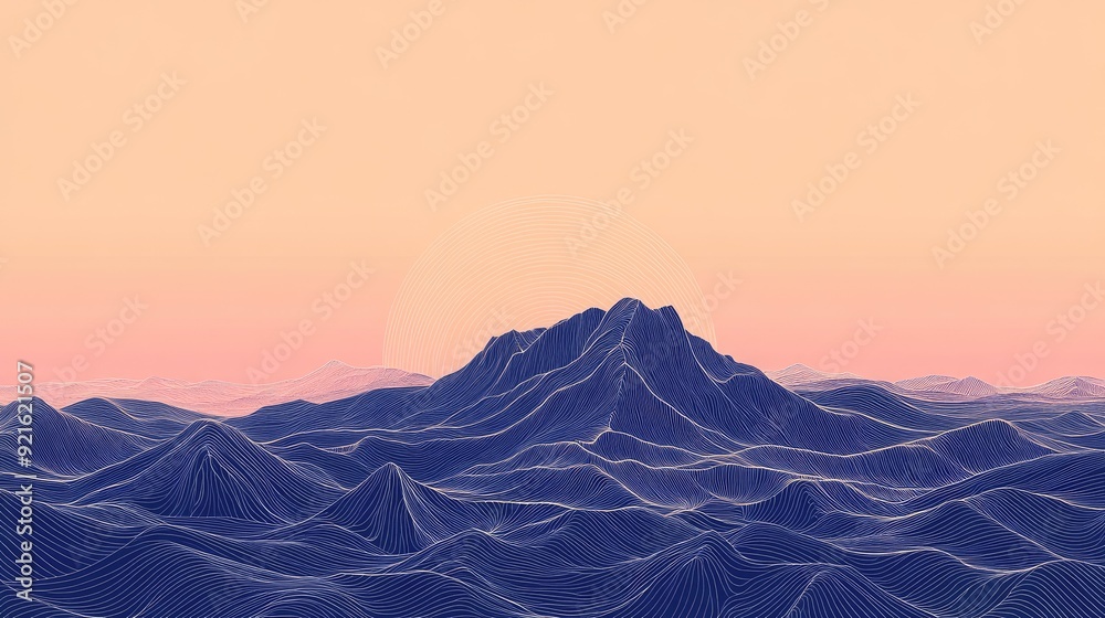 Fototapete minimalist abstract line drawing of a mountain range, against a gradient background for text inserti