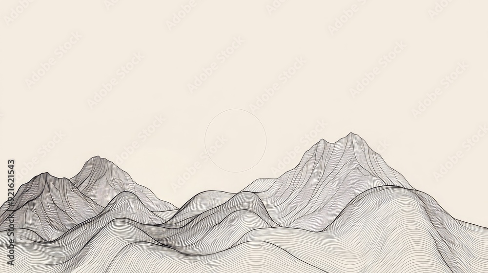 Fototapete minimalist abstract line drawing of a mountain range, against a gradient background for text inserti
