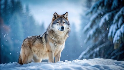 Majestic wolf standing in a snowy landscape, wolf, snow, winter, cold, wildlife, nature, predator, white, wilderness, animal