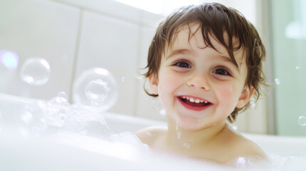 A young child with wet hair enjoys a bubble bath, radiating pure joy with a bright smile and playful bubbles around.