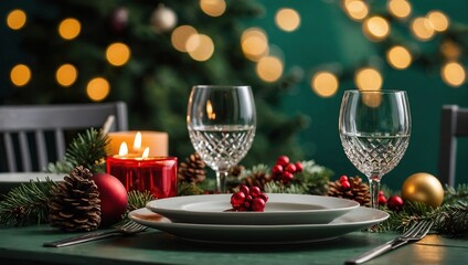 Elegant table set for christmas dinner, copy space on empty green wall
