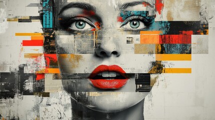 A captivating portrait of a woman with vibrant makeup, where abstract blocks of color and fragmented textures blend into her face, creating a unique modern art piece.