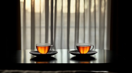 Fototapeta premium Two cups of tea simmer in the glow of sunset as they sit on a small table near softly lit curtains, creating a peaceful and inviting ambiance.