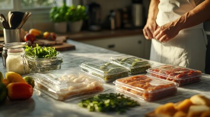 Obraz premium A scenic kitchen scene showcasing a person preparing fresh ingredients on a well-organized countertop illuminated by soft natural light.