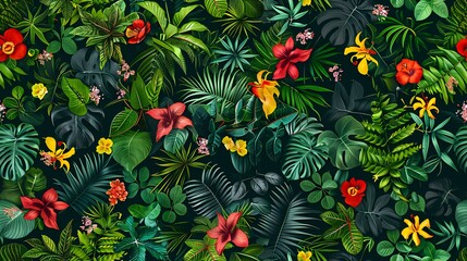 Seamless pattern of tropical leaves and flowers.