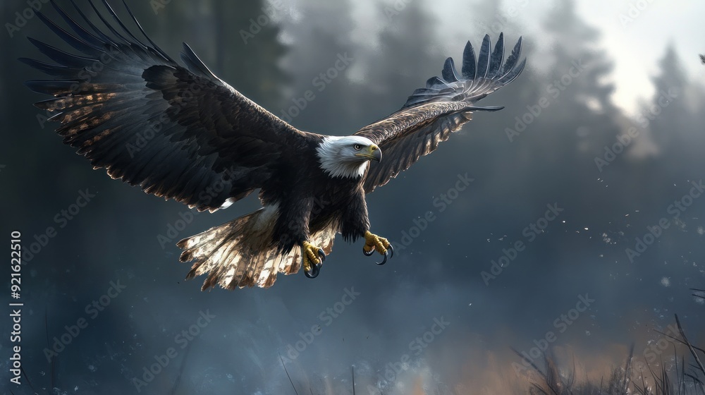 Sticker Bald Eagle Soaring Through Misty Forest