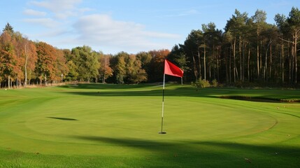 Obraz premium Golf course, green and a red flag on the center golf hole.