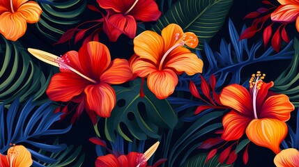 Seamless tropical pattern with vibrant hibiscus flowers and lush green leaves on a dark background.