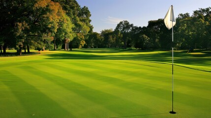 Obraz premium Golf course, green and a red flag on the center golf hole.