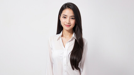 Fototapeta premium A beautiful Japanese woman in a white tank top smiles gently, highlighted by a simple white background, perfect for beauty and skincare concepts.