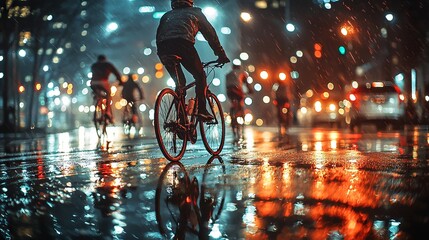 Cyclists riding through a rainy city street at night with reflections