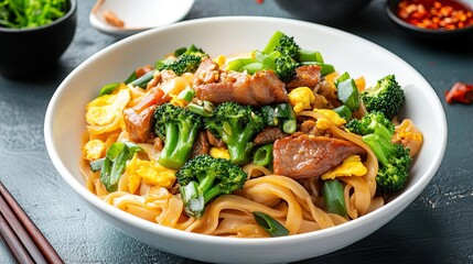 Pad See Ew Thailand  Stirfried flat noodles with Chinese broccoli, eggs, and a choice of meat, served with chili vinegar