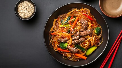 Japchae Korea  Stirfried glass noodles with vegetables and beef, served with sesame seeds