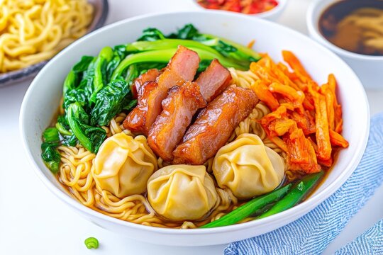 Wonton Mee Malaysia  Egg noodles with wontons, char siu, and vegetables, served with a savory broth