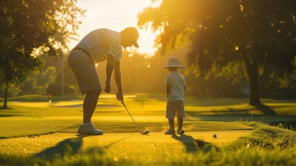 Father teaches son to play golf together at the golf course in the morning.