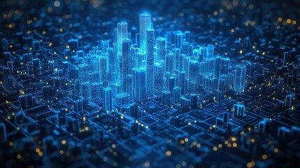 Digital twin of a city, symbolizing urban planning and management through simulation, with copy space for text, AI-powered 