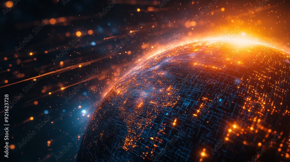 Poster globe with digital data streams flowing into it, symbolizing global ai connectivity, with copy space