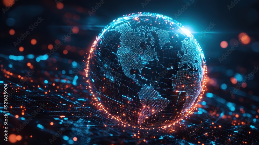Poster glowing ai-powered predictive model visualized as a holographic globe with data points, symbolizing 