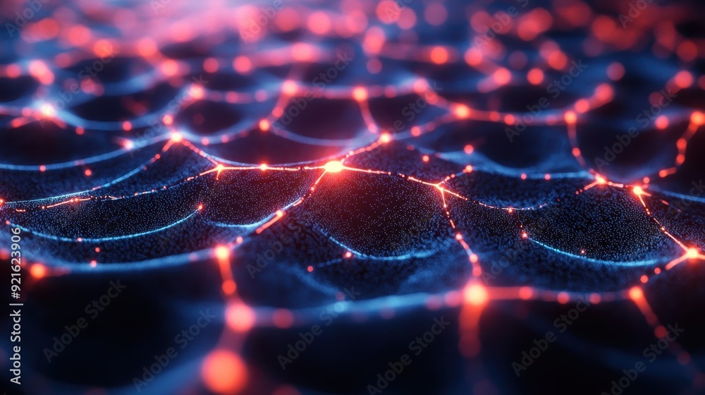 Poster a hyper-realistic glowing ai-powered neural network visualized as an interconnected web of light, sy