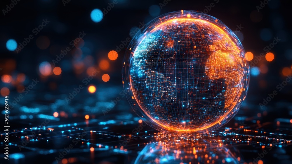 Poster glowing ai-powered predictive model visualized as a holographic globe with data points, symbolizing 