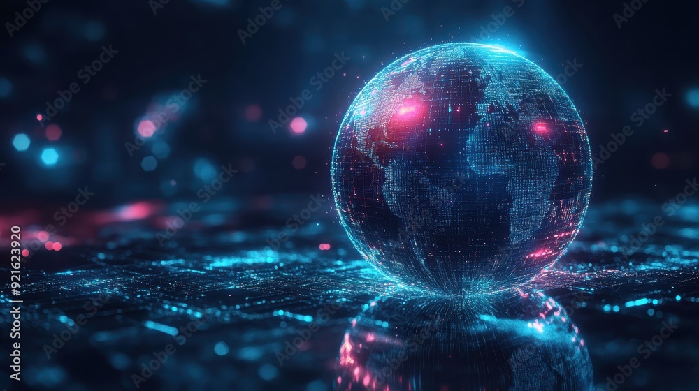Poster glowing ai-powered predictive model visualized as a holographic globe with data points, symbolizing 