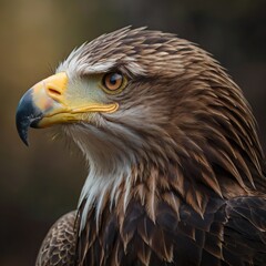 Fototapeta premium Head of an eagle with a penetrating gaze on a dark blurred background