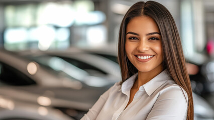 Hispanic female salesperson smiling at a car dealership during the day