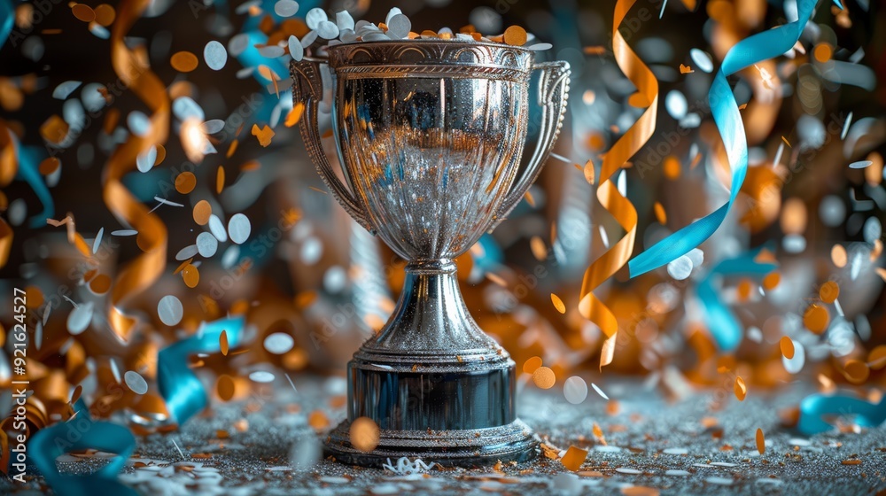 Sticker Championship trophy surrounded by colorful confetti and streamers at a celebration event