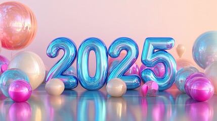 Vibrant '2025' Oversized Numbers in Iridescent Blue: A Stunning Poster for Sports Interiors, Featuring Colorful Spheres and a Polished Surface for a Festive Atmosphere