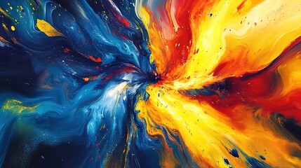 Naklejka premium Vibrant Explosion Art: A Stunning Poster Featuring Dynamic Yellow, Blue, and Red Swirls, Perfect for Sports Interiors and Creative Spaces
