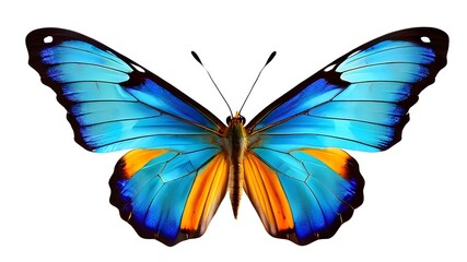 Fototapeta premium Very beautiful blue yellow orange butterfly in flight isolated on a transparent background. butterfly isolated on white background