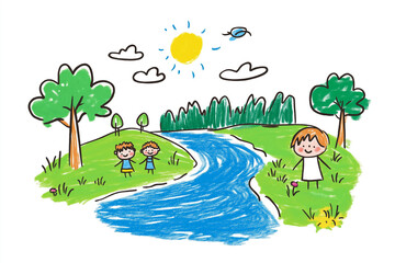 Obraz premium Children art in notebook kids design by Color pencil. Children hand-drawn the river. Stick figure illustration isolated on a white background. art book