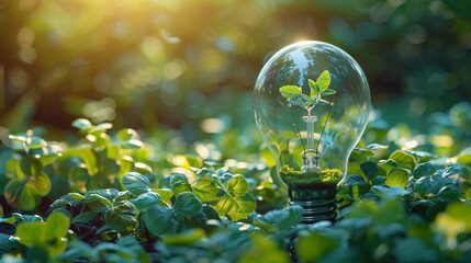 Fototapeta premium A light bulb filled with growing plants among lush green foliage in a serene setting during golden hour