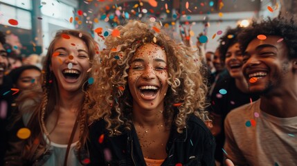 Fototapeta premium Friends celebrate joyfully at a vibrant party with colorful confetti in a lively indoor setting