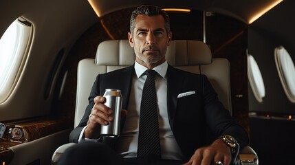 A man in his forties, wearing a black suit and tie, sits comfortably in a luxury private jet. He holds a white aluminum soda can, showing luxury and success in the atmosphere.