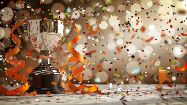 A shiny trophy with orange ribbons surrounded by colorful confetti on a festive background
