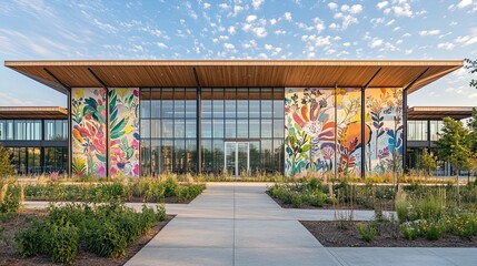 Vibrant Community Art Hub: Whimsical Botanical Murals and Stylish Glass-Wood Design Perfect for Event Posters and Colorful Space Decor