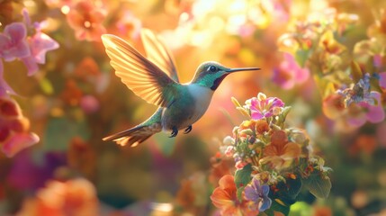 Fototapeta premium Hummingbird in Flight Over a Garden of Colorful Flowers
