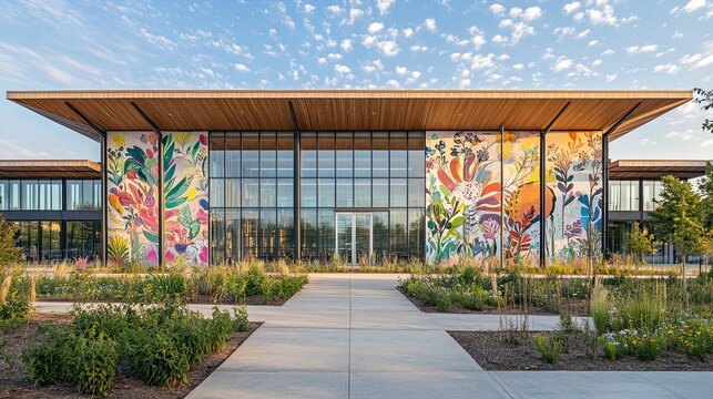 Vibrant Community Art Hub: Whimsical Botanical Murals and Stylish Glass-Wood Design Perfect for Event Posters and Colorful Space Decor