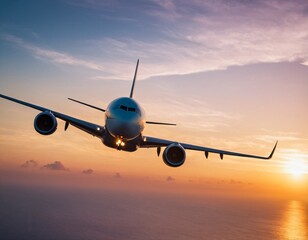 Airplane flying above tropical sea at sunset. Ai generated image.